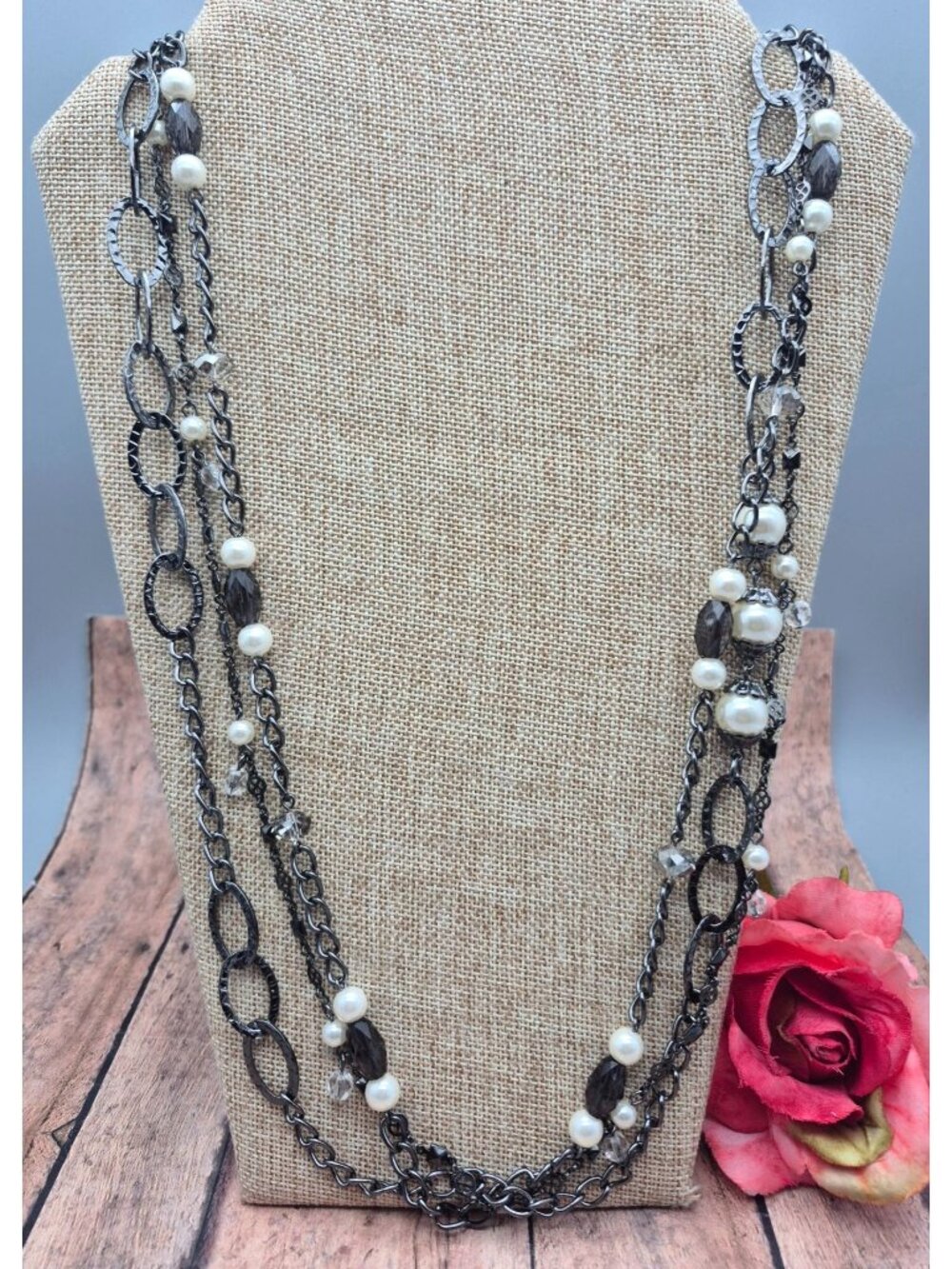 Premier Design Gun Metal Chain Necklace Faux Pearls Hammered Links Multi Strand